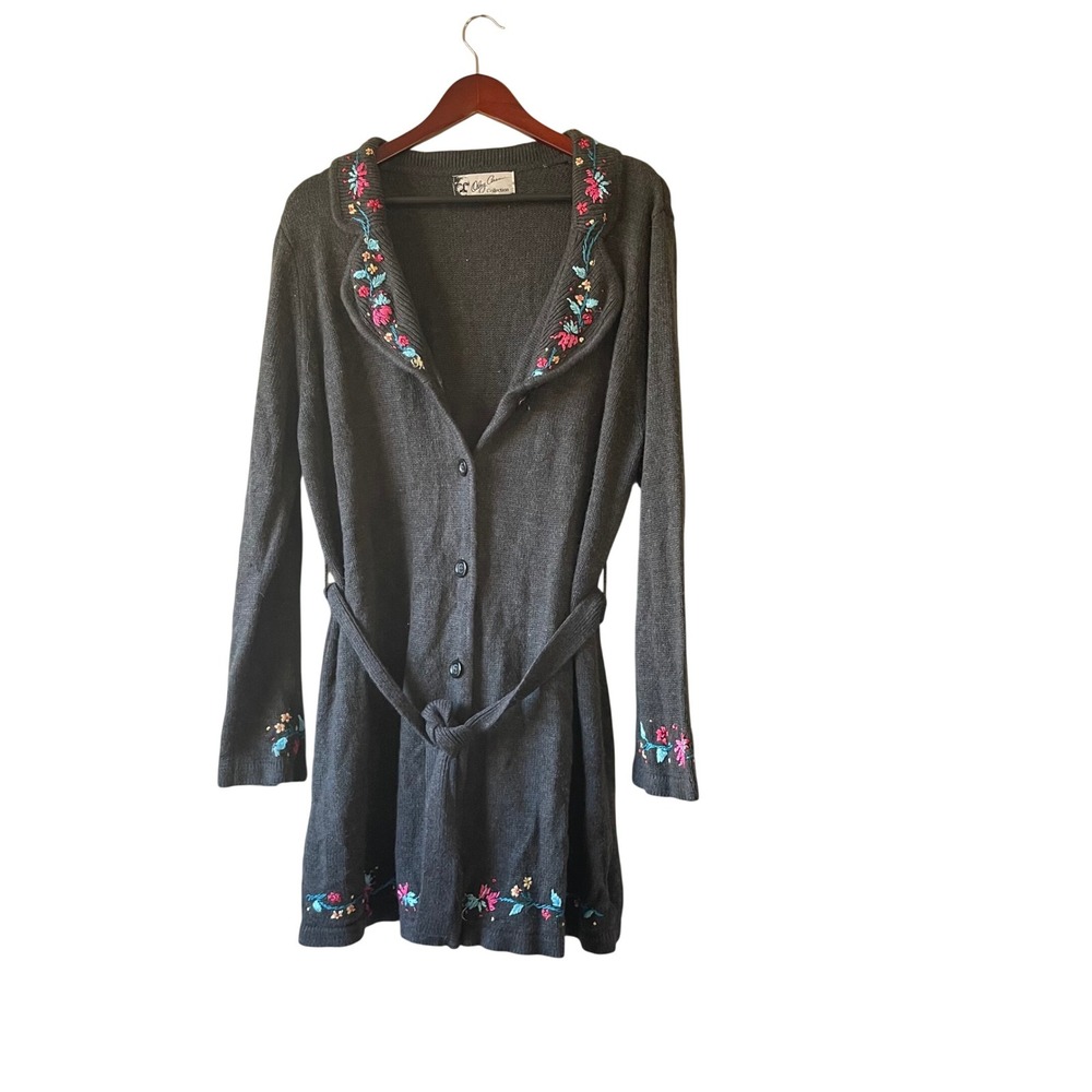 Vintage Oleg Cassini Charcoal Grey Floral Embroidered Belted Cardigan Sweater XL